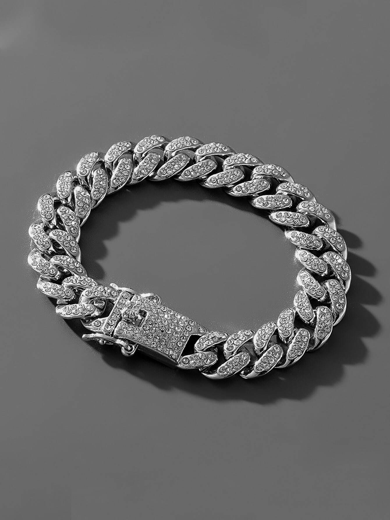 SHEIN 1pc Silver Metal Bracelet With Rhinestone For Men