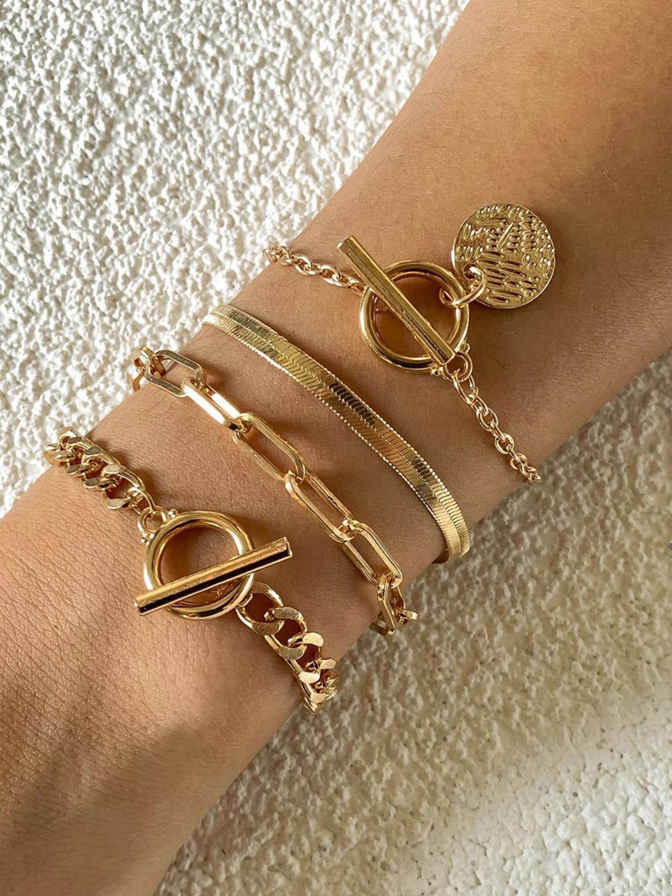 SHEIN 4pcs Minimalist Disc Charm OT Buckle Chain Bracelet Set For Women For Daily Jewelry Accessories - Image 2