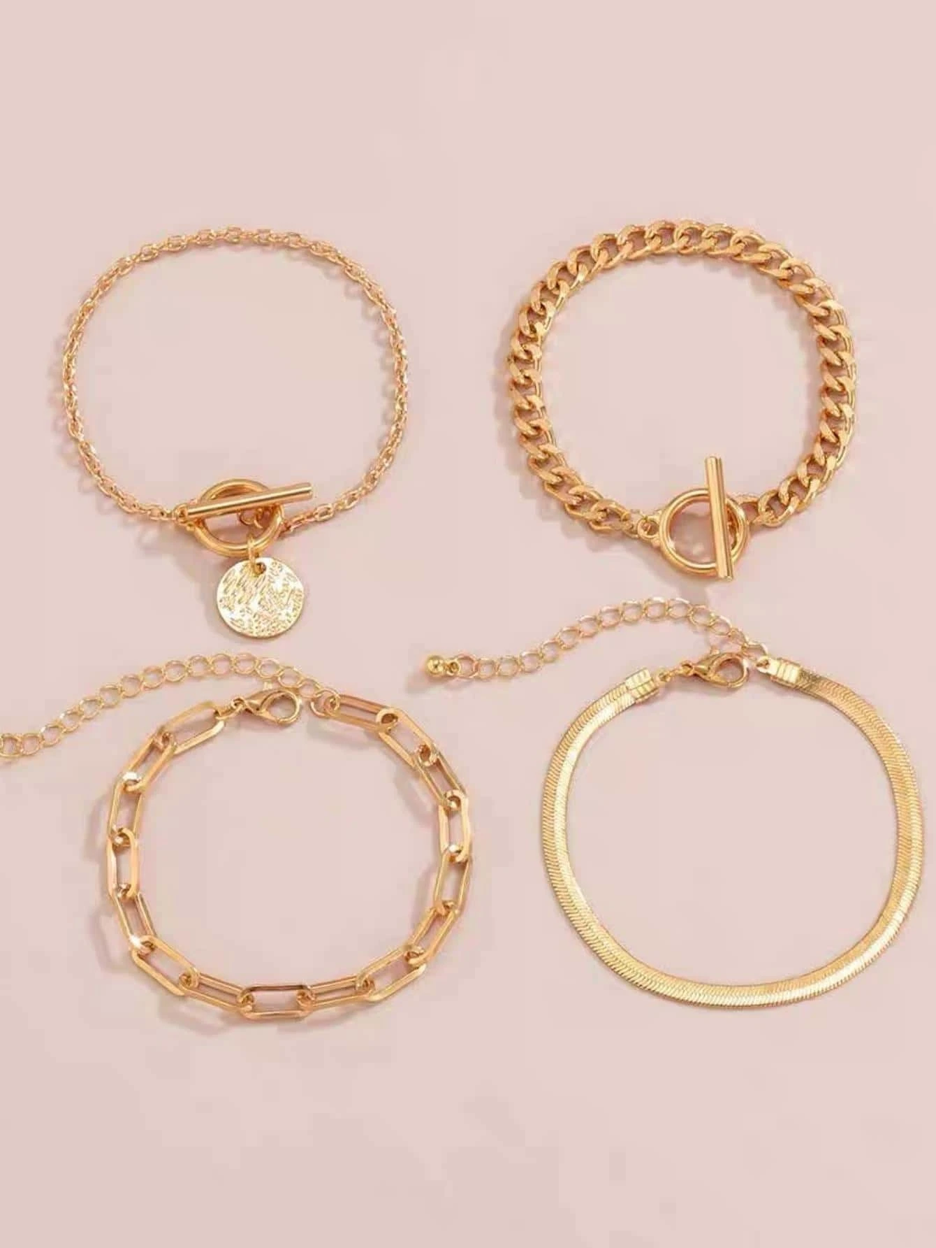 SHEIN 4pcs Minimalist Disc Charm OT Buckle Chain Bracelet Set For Women For Daily Jewelry Accessories - Image 4