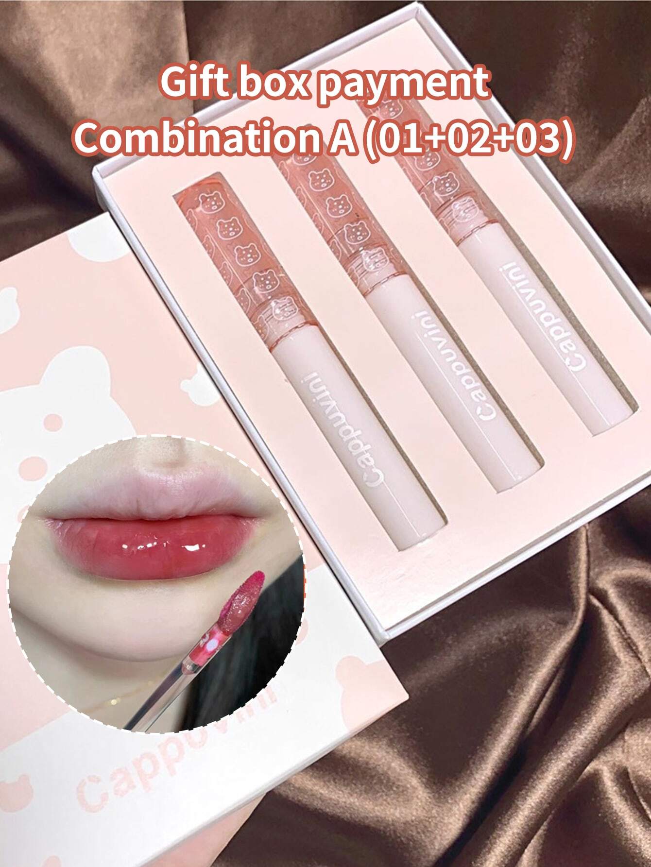 SHEIN Cappuvini Watery Mirror Lip Gloss Kit, 3Pcs Cartoon Cat Print Waterproof Not Fade Lip Glaze Non-Stick Cup Liquid Lipstick For Women