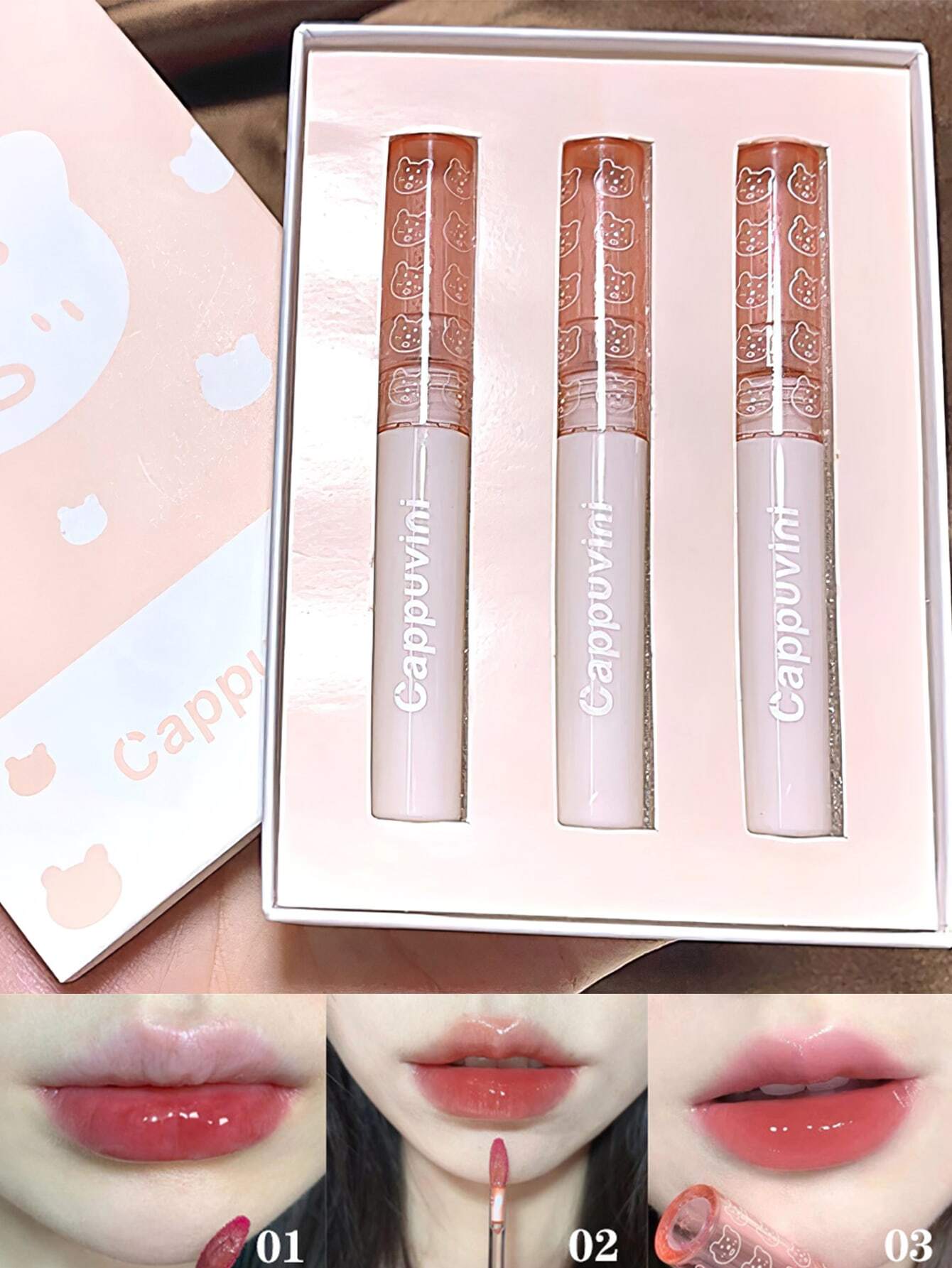 SHEIN Cappuvini Watery Mirror Lip Gloss Kit, 3Pcs Cartoon Cat Print Waterproof Not Fade Lip Glaze Non-Stick Cup Liquid Lipstick For Women - Image 2