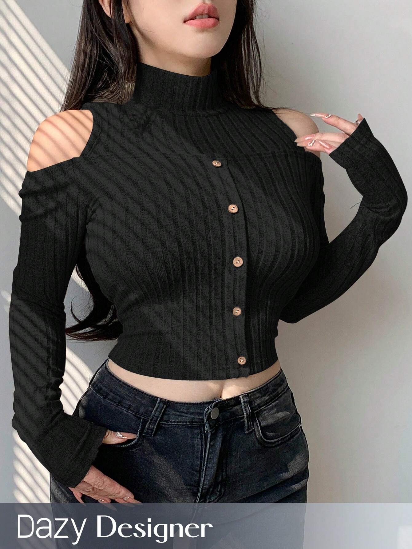 SHEIN Dazy Designer Women's Stand Collar Cold Shoulder Long Sleeve T-Shirt