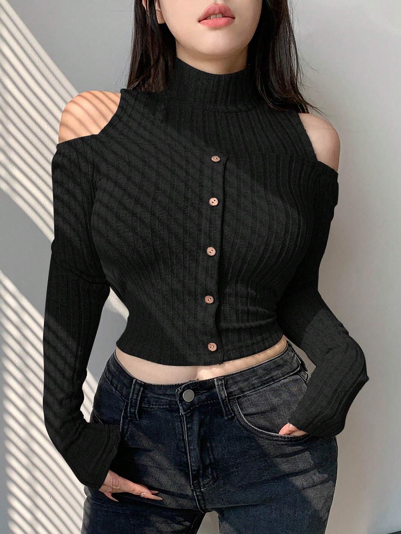 SHEIN Dazy Designer Women's Stand Collar Cold Shoulder Long Sleeve T-Shirt - Image 3