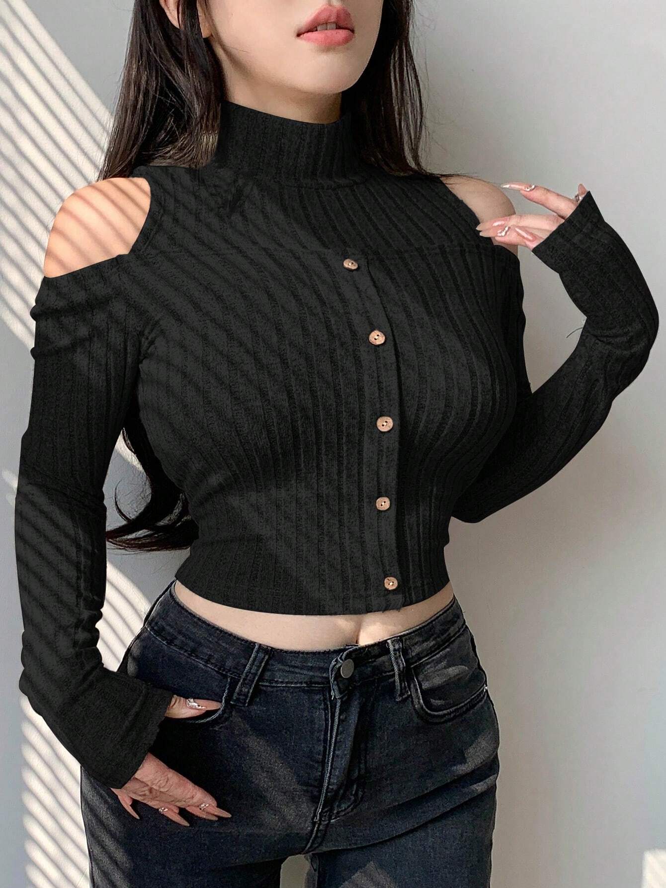 SHEIN Dazy Designer Women's Stand Collar Cold Shoulder Long Sleeve T-Shirt - Image 4