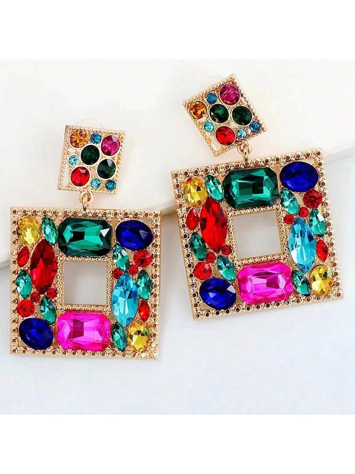 SHEIN Random Color Rhinestone Decor Square Drop Earrings