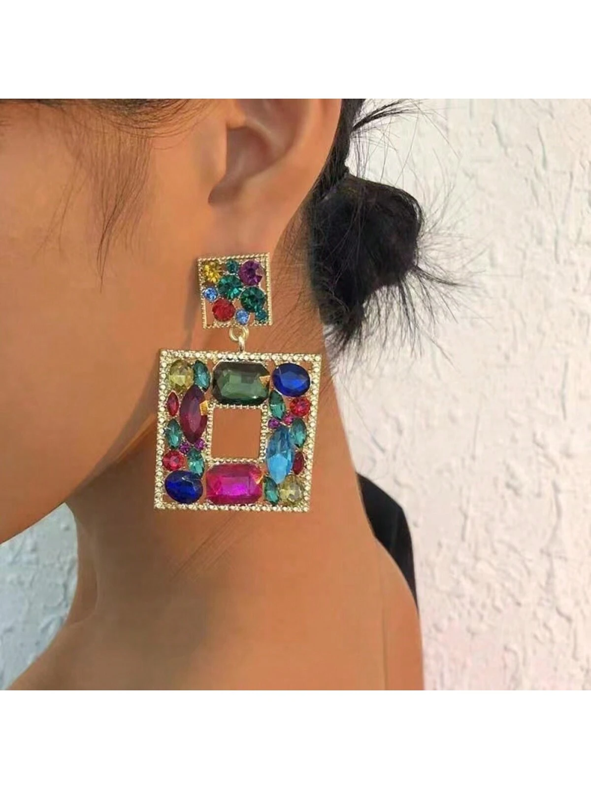SHEIN Random Color Rhinestone Decor Square Drop Earrings - Image 2