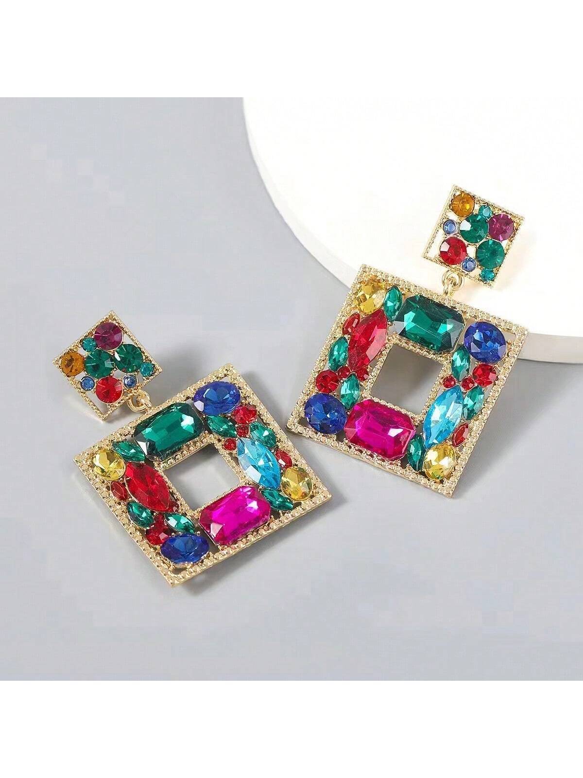 SHEIN Random Color Rhinestone Decor Square Drop Earrings - Image 3