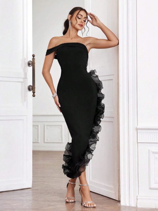 SHEIN Belle Asymmetrical Off Shoulder Dress With 3d Ruffle Decoration On The Hem
