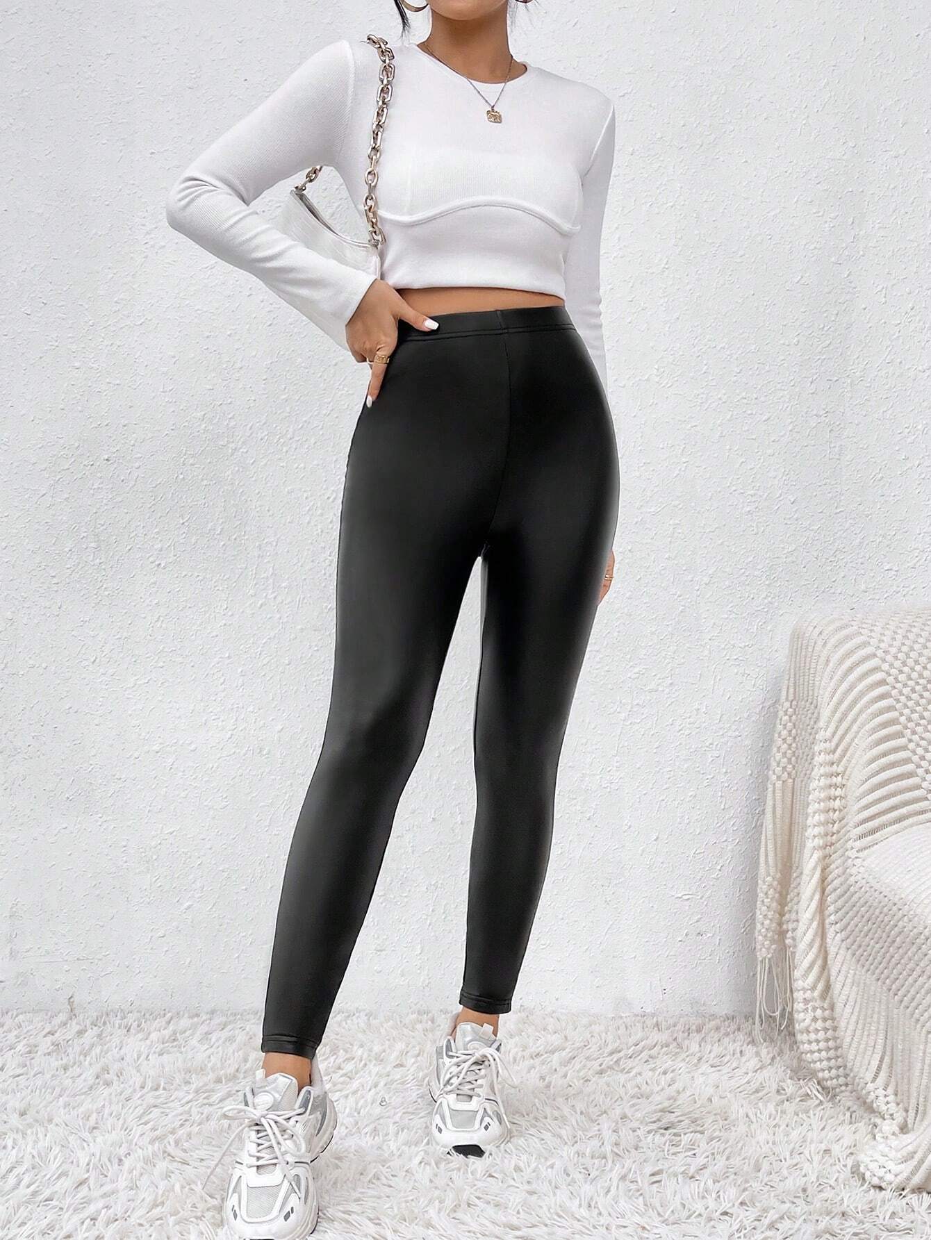 SHEIN Frenchy Solid Color Bodycon Black Leggings - Image 3