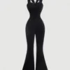 SHEIN MOD Black Color Cardigan With Simple Pleated Fitted Jumpsuit Flare Leg Pants, Casual Holiday Jumpsuit