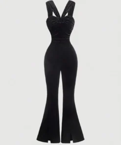 SHEIN MOD Black Color Cardigan With Simple Pleated Fitted Jumpsuit Flare Leg Pants, Casual Holiday Jumpsuit