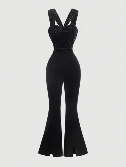 SHEIN MOD Black Color Cardigan With Simple Pleated Fitted Jumpsuit Flare Leg Pants, Casual Holiday Jumpsuit