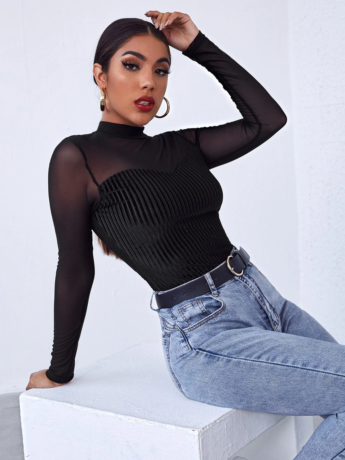 SHEIN Privé Mock-Neck Mesh Yoke Velvet Long Sleeve Black Tee