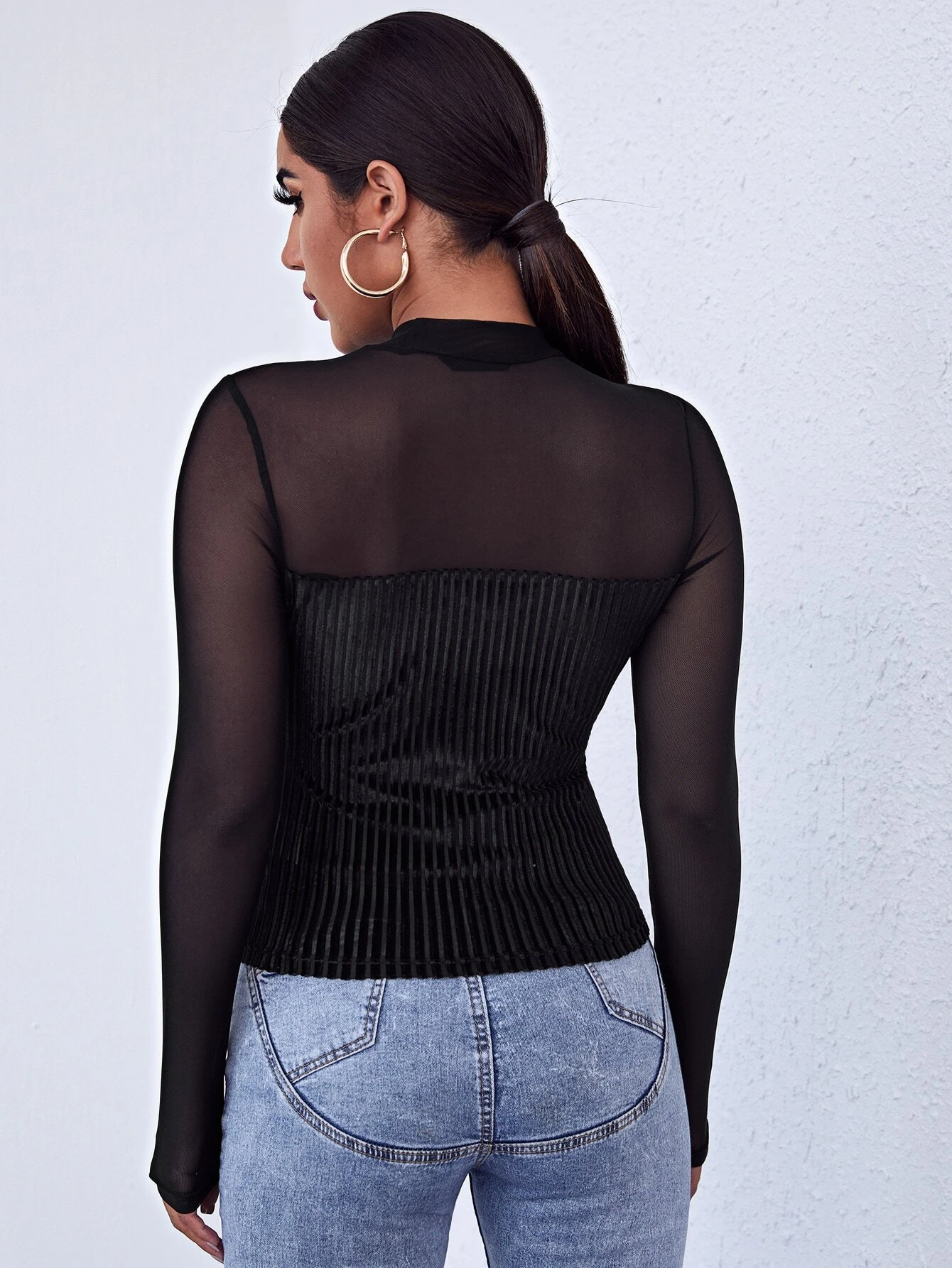 SHEIN Privé Mock-Neck Mesh Yoke Velvet Long Sleeve Black Tee - Image 2