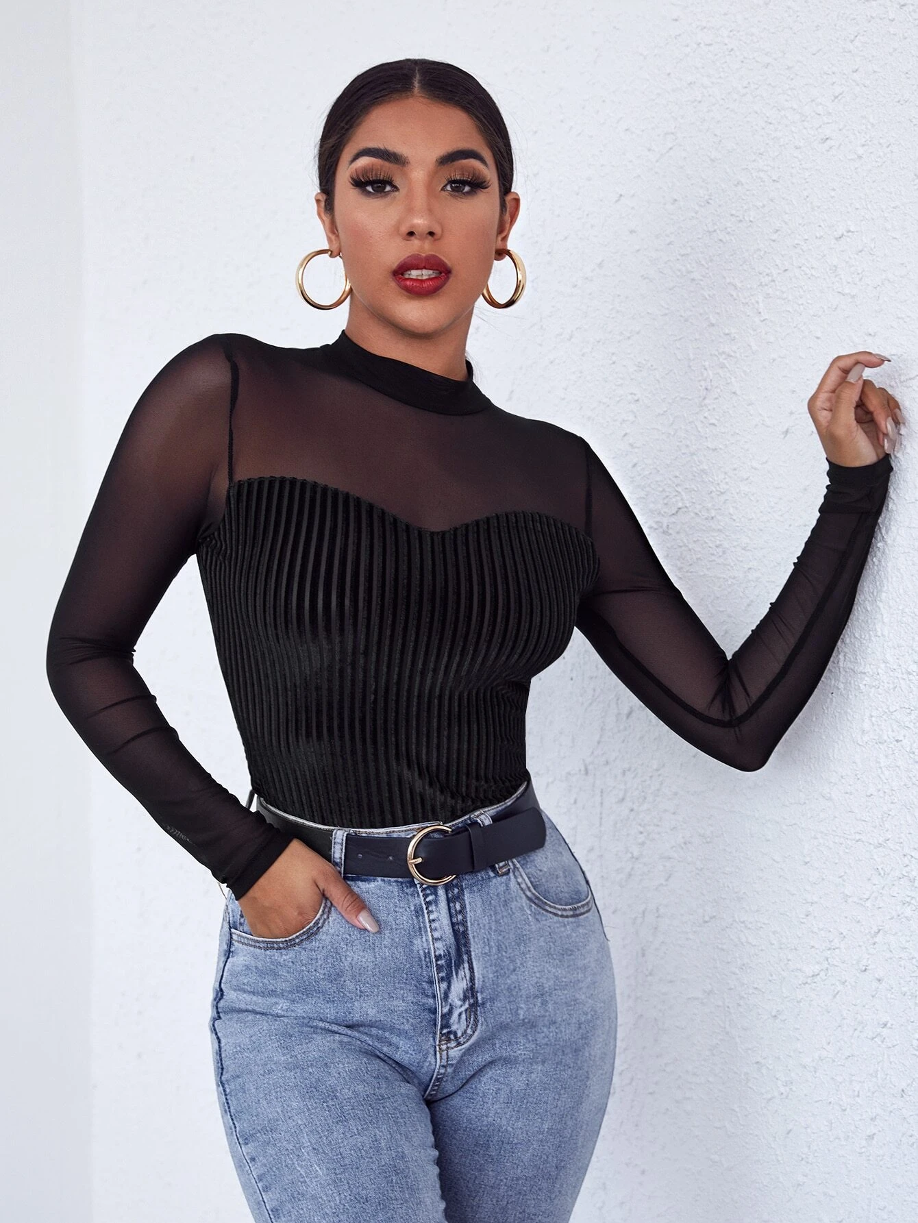 SHEIN Privé Mock-Neck Mesh Yoke Velvet Long Sleeve Black Tee - Image 3