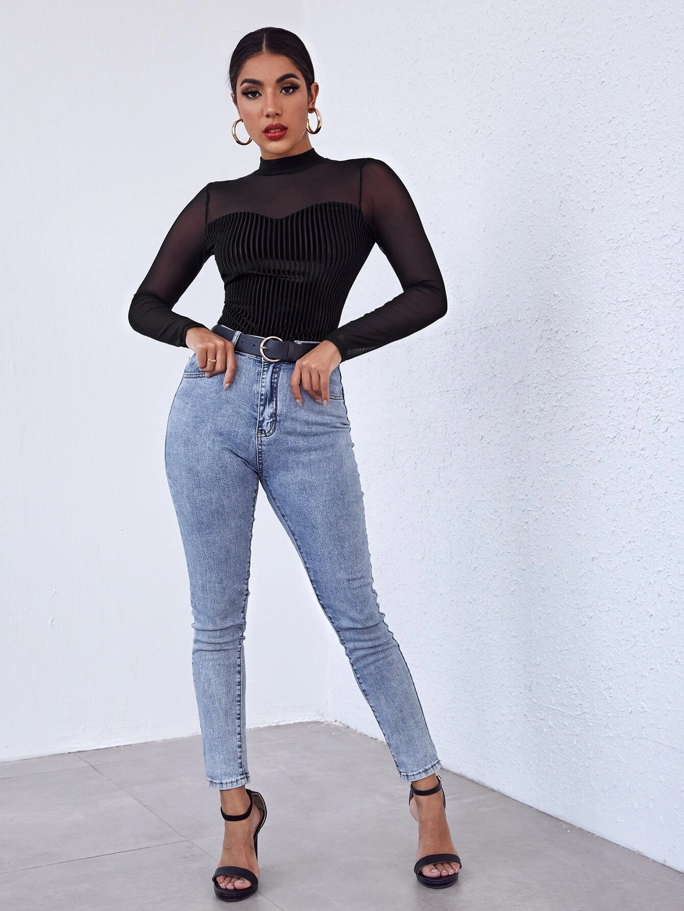 SHEIN Privé Mock-Neck Mesh Yoke Velvet Long Sleeve Black Tee - Image 4