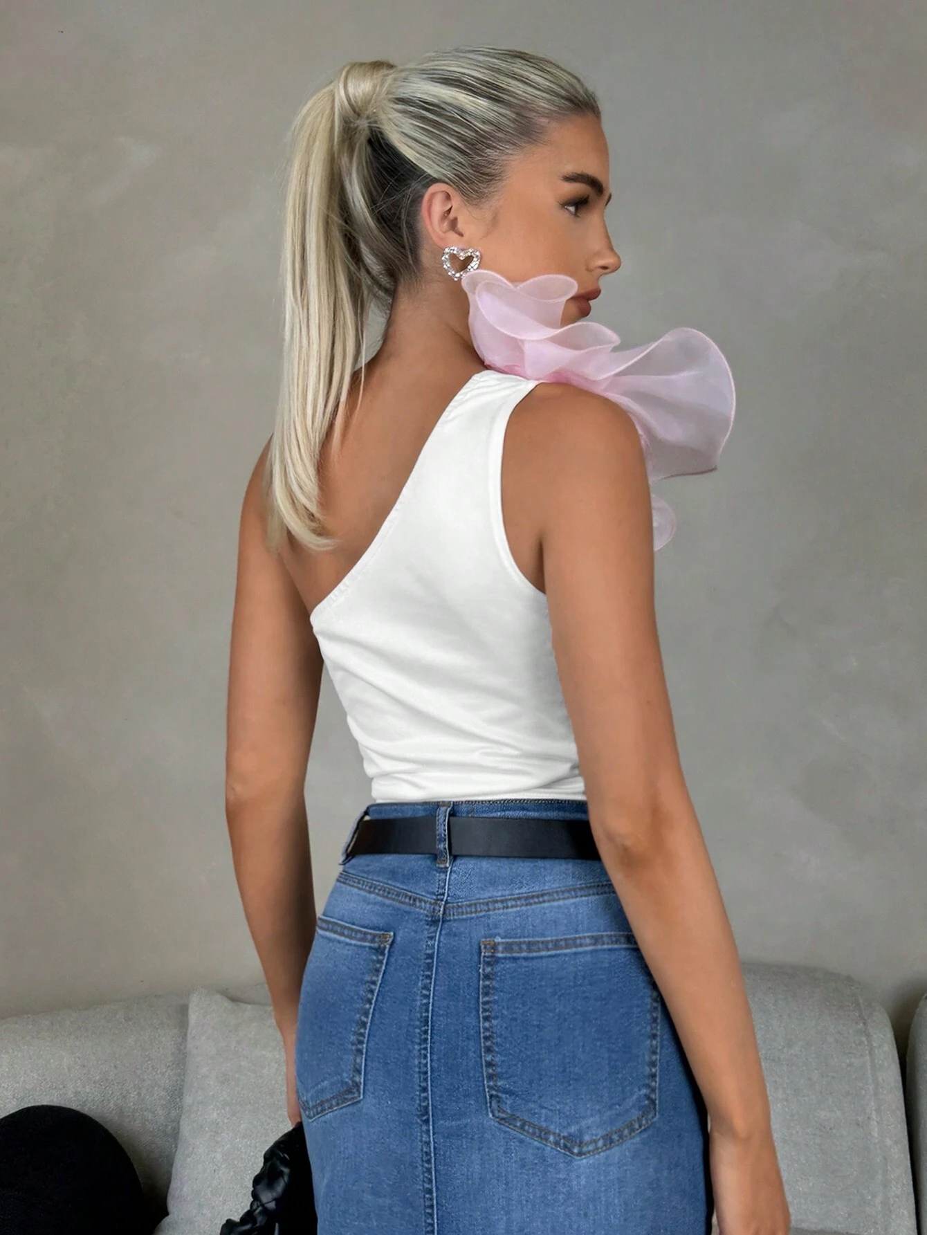 SHEIN Royalia Summer Fashionable Delicate 3D Floral Decor Color Block Asymmetrical Shoulder Blouse - Image 2