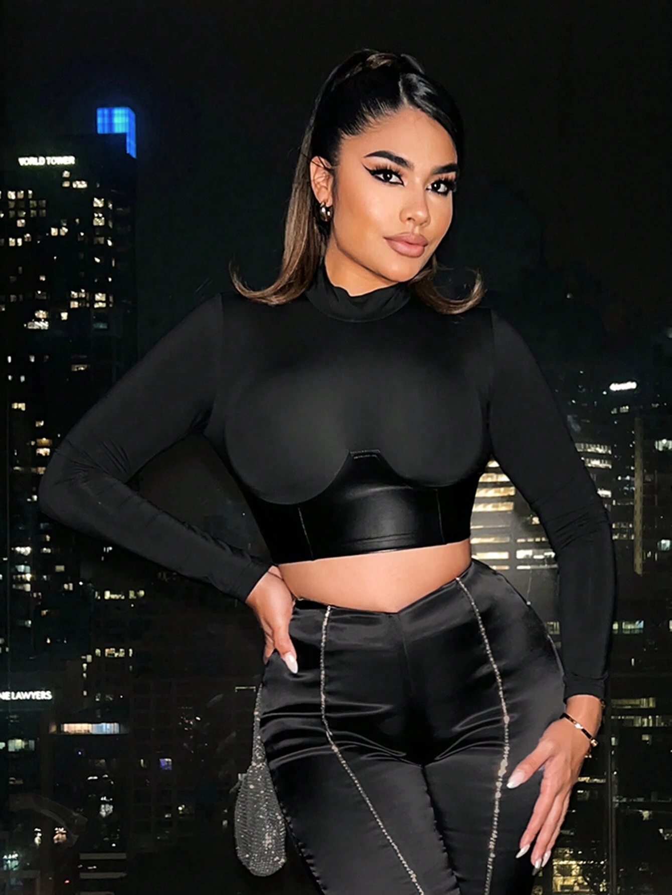 SHEIN SXY Mock Neck PU Leather Panel Crop Tee