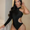 SHEIN SXY Rhinestone DetailSHEIN Cut Out Waist Asymmetrical Neck Bodysuit New Years Eve Outfit Sexy Outfit Sexy Outfits Club Party Bodysuit