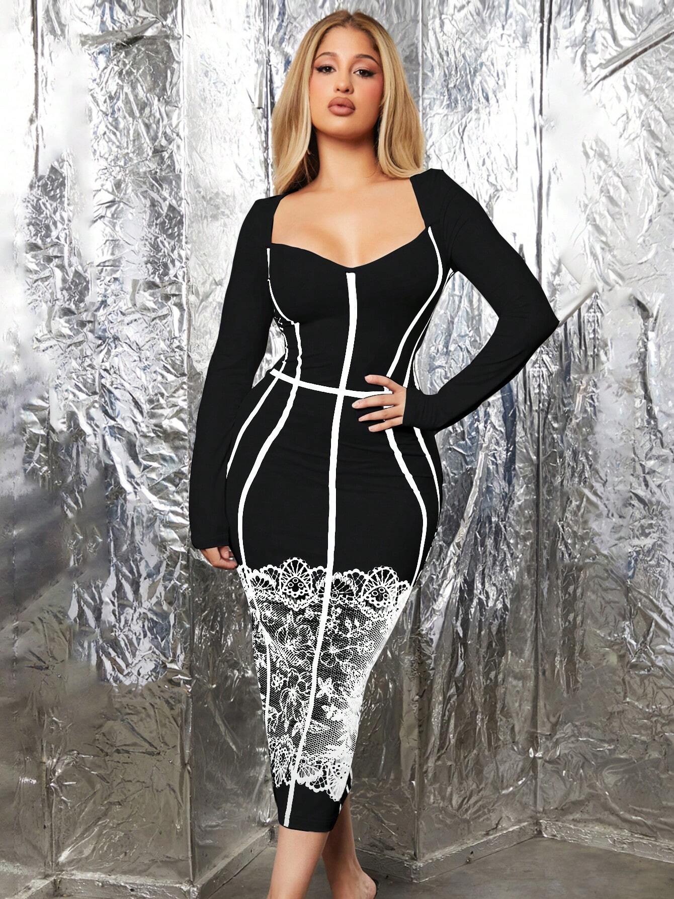 SHEIN SXY Women's Sweetheart Collar And Line Decoration Lace Patchwork Fashion Bodycon Dress Color Contrast Elegant Party