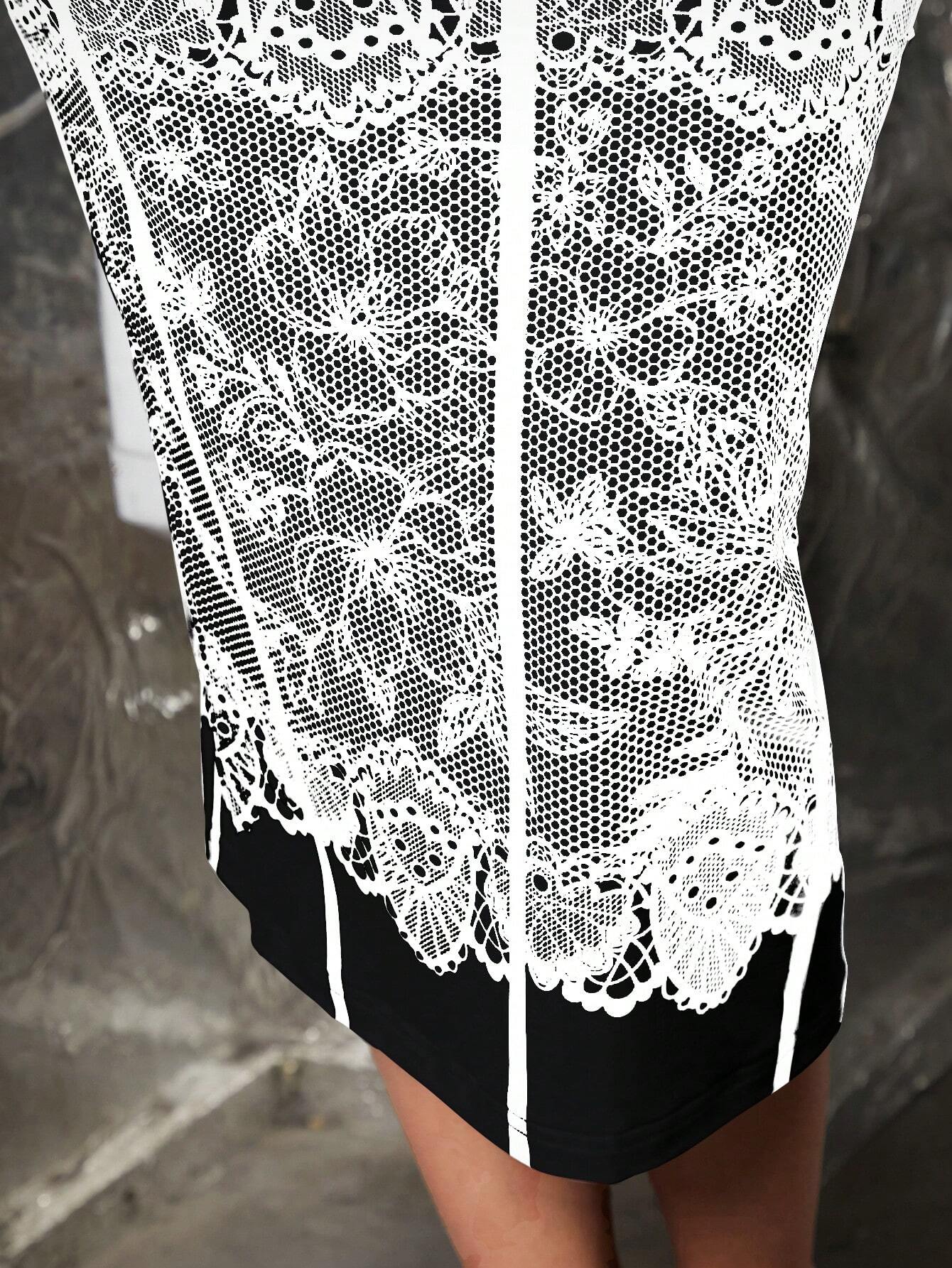 SHEIN SXY Women's Sweetheart Collar And Line Decoration Lace Patchwork Fashion Bodycon Dress Color Contrast Elegant Party - Image 3