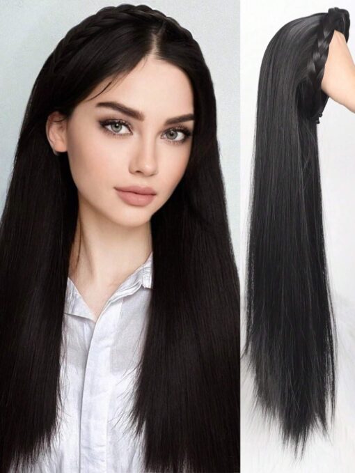 SHEIN Synthetic Long Straight Headband Half Wig Clip In Hair Extension Fluffy Natural False Blonde Black