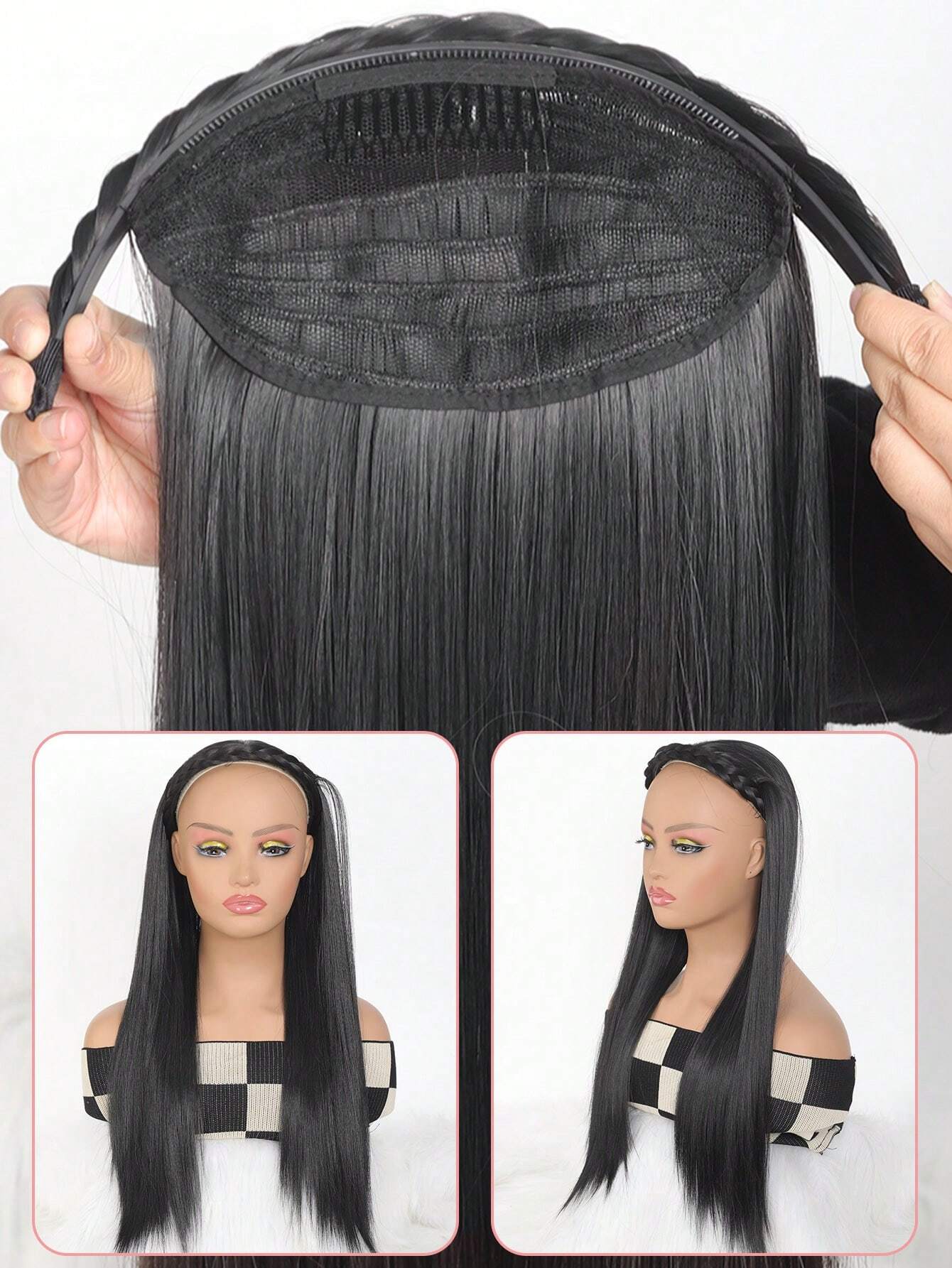 SHEIN Synthetic Long Straight Headband Half Wig Clip In Hair Extension Fluffy Natural False Blonde Black - Image 3