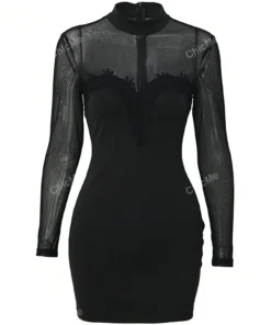 Alternative view of SHEIN Women Solid Color Minimalist Sexy Mesh Patchwork Open Back Sheer Bodycon Little Black Dress