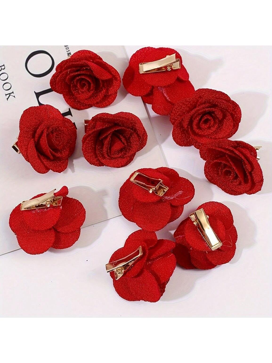 SHEIN 10pcs Romantic Red Fabric Rose Flower Hair Clips