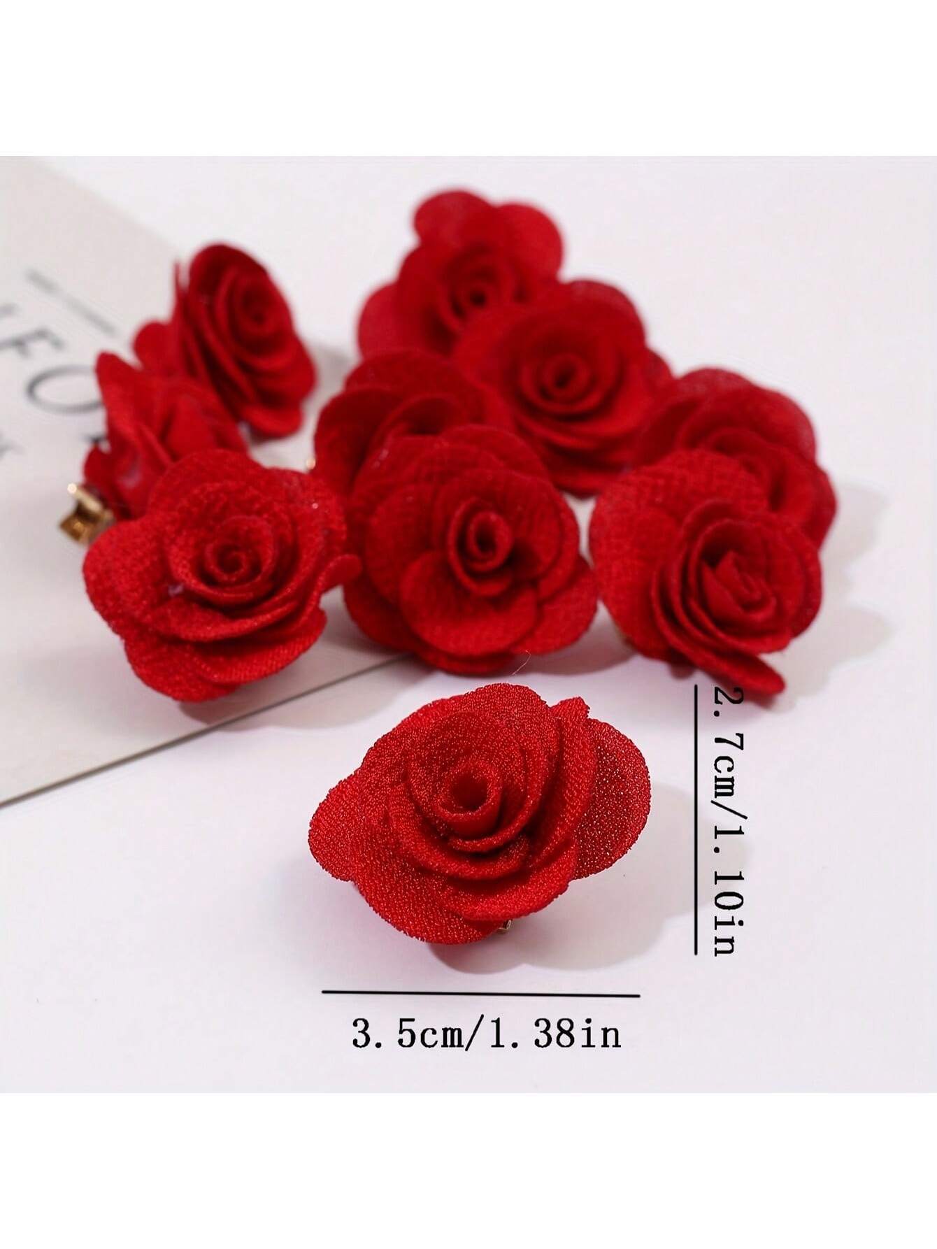 SHEIN 10pcs Romantic Red Fabric Rose Flower Hair Clips - Image 2