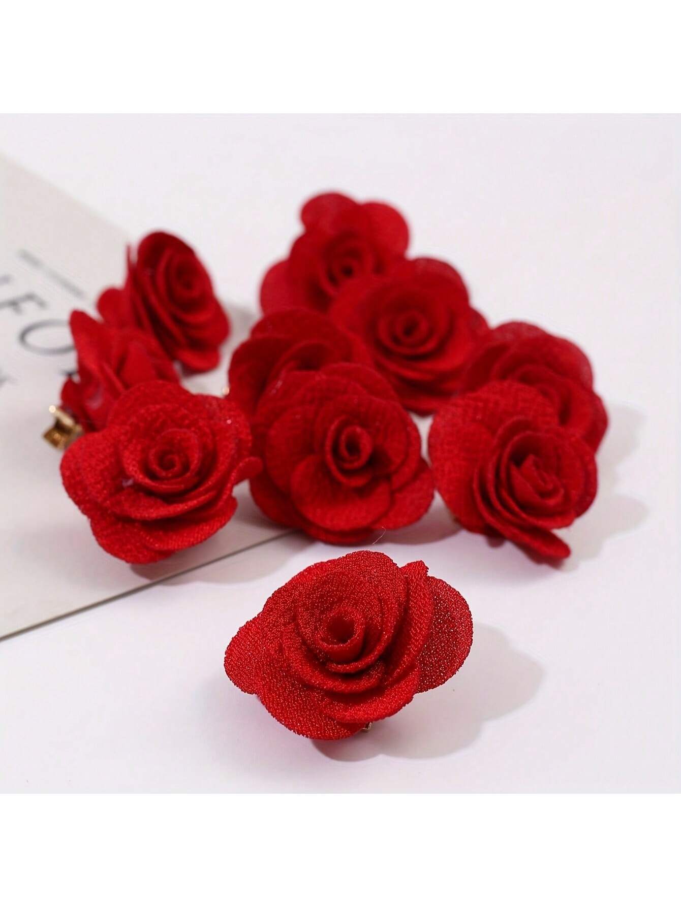 SHEIN 10pcs Romantic Red Fabric Rose Flower Hair Clips - Image 3