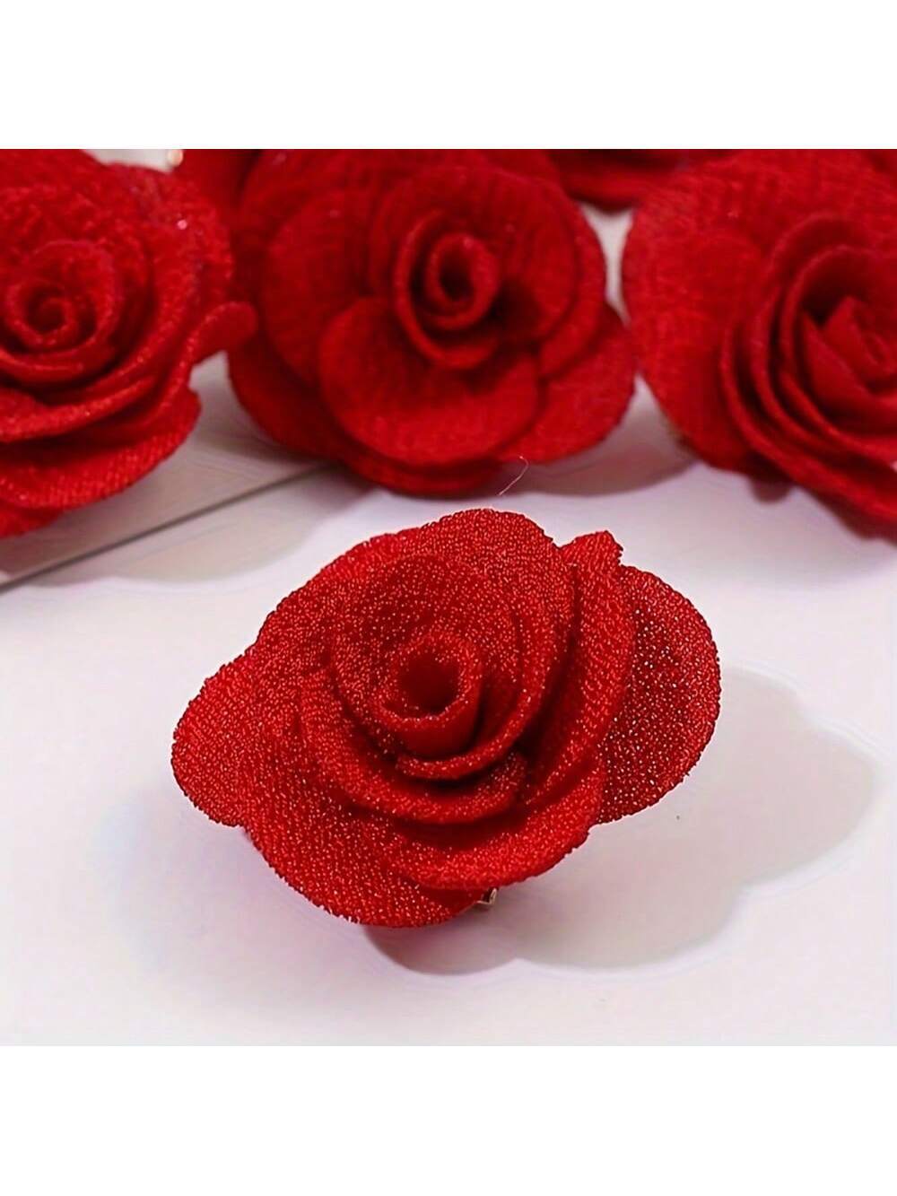 SHEIN 10pcs Romantic Red Fabric Rose Flower Hair Clips - Image 4