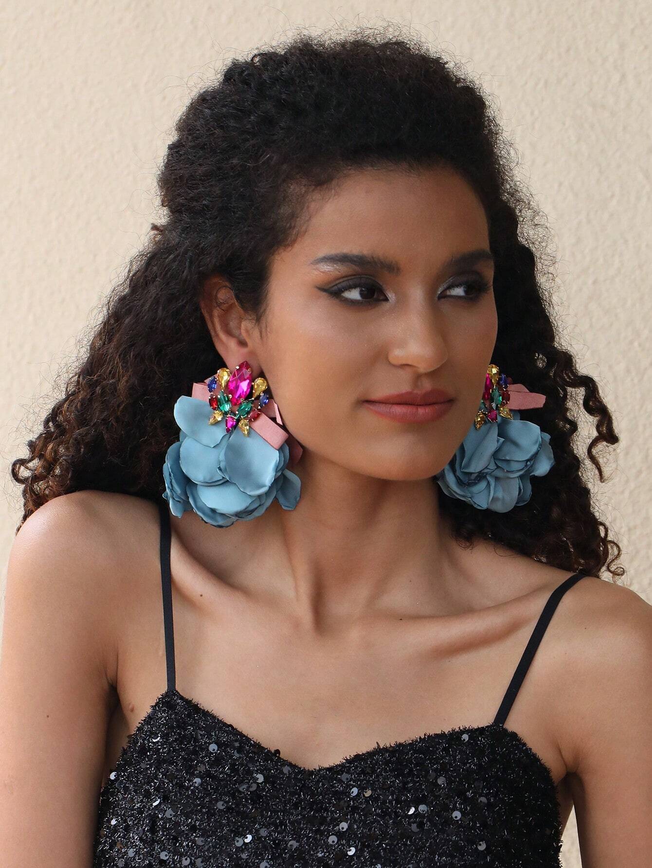 SHEIN 1 Pair Of Evening Rhinestone Flower Earrings Suitable For Ladies - Image 3