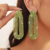 SHEIN 1pair Elegant Green Rhinestone Lightweight Long Tassel Earrings With European And American Style