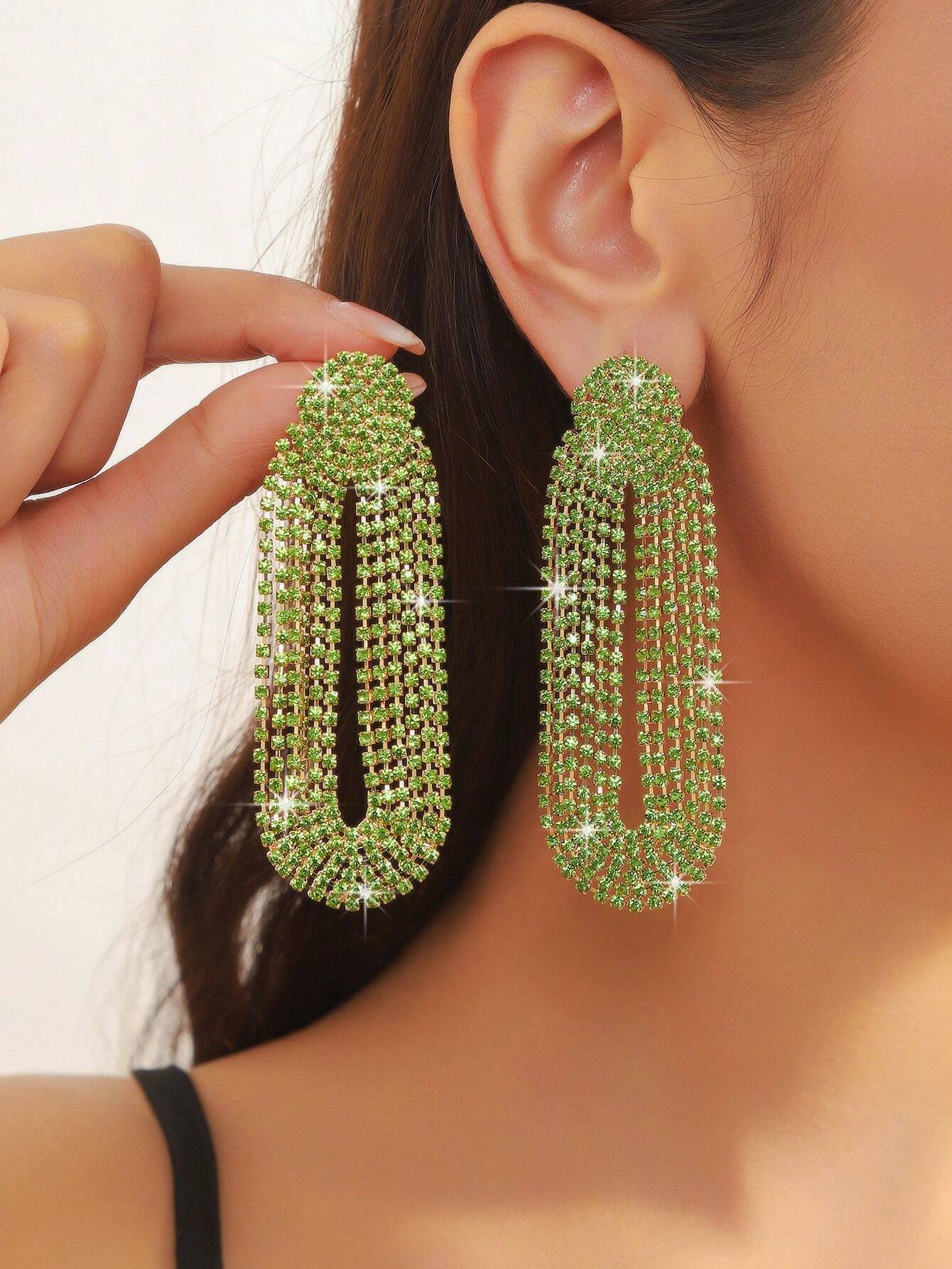 SHEIN 1pair Elegant Green Rhinestone Lightweight Long Tassel Earrings With European And American Style