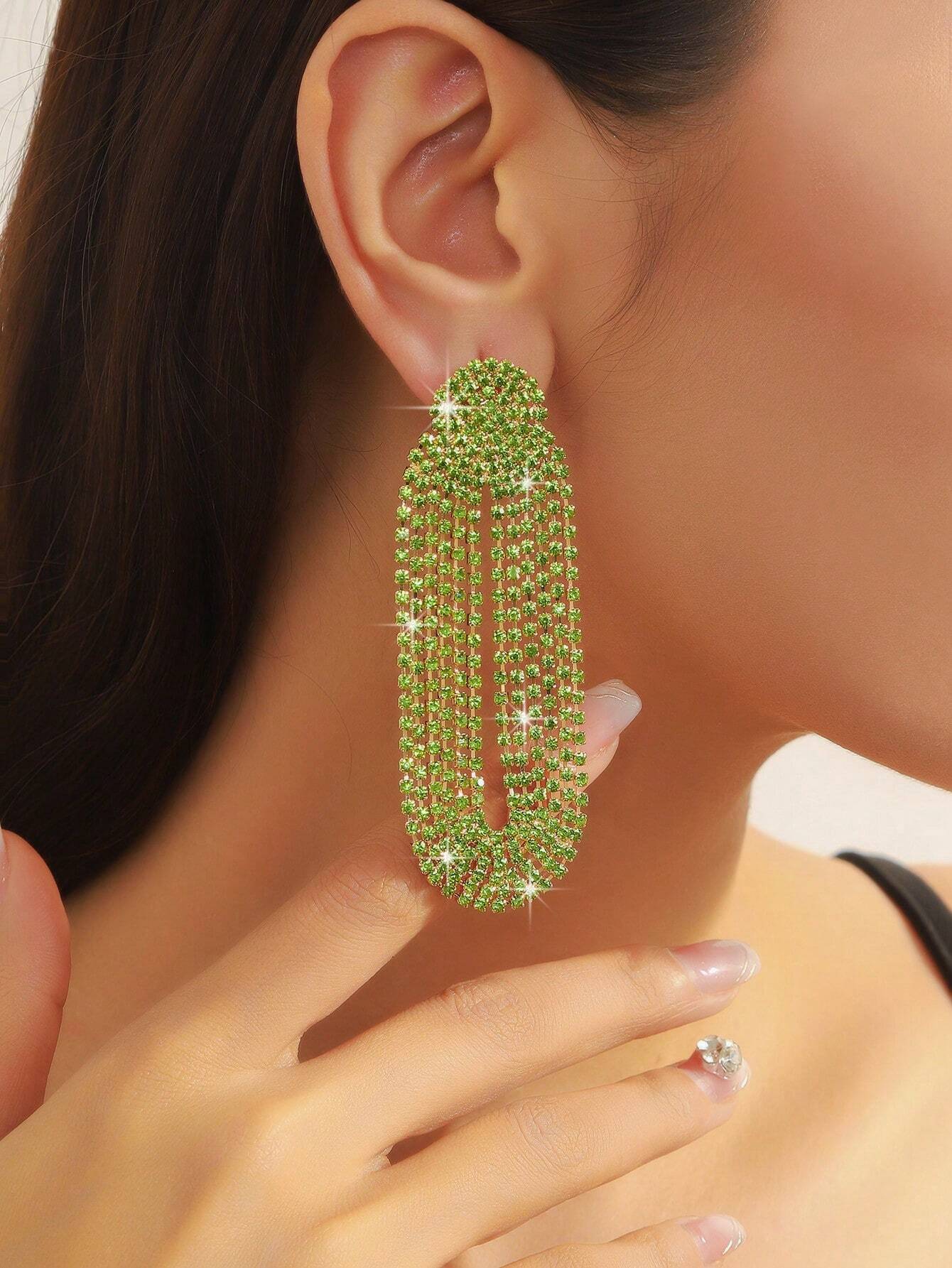 SHEIN 1pair Elegant Green Rhinestone Lightweight Long Tassel Earrings With European And American Style - Image 2