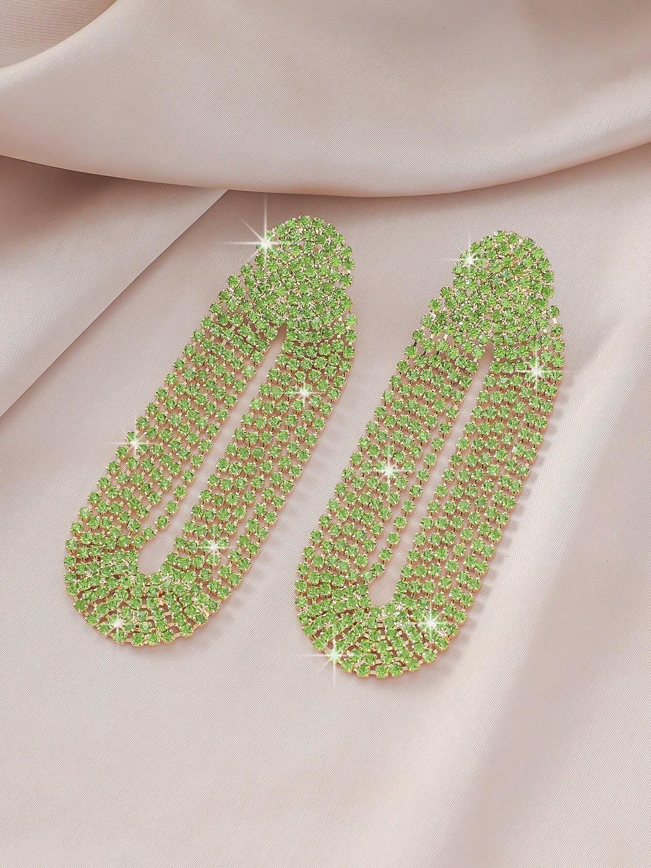 SHEIN 1pair Elegant Green Rhinestone Lightweight Long Tassel Earrings With European And American Style - Image 3