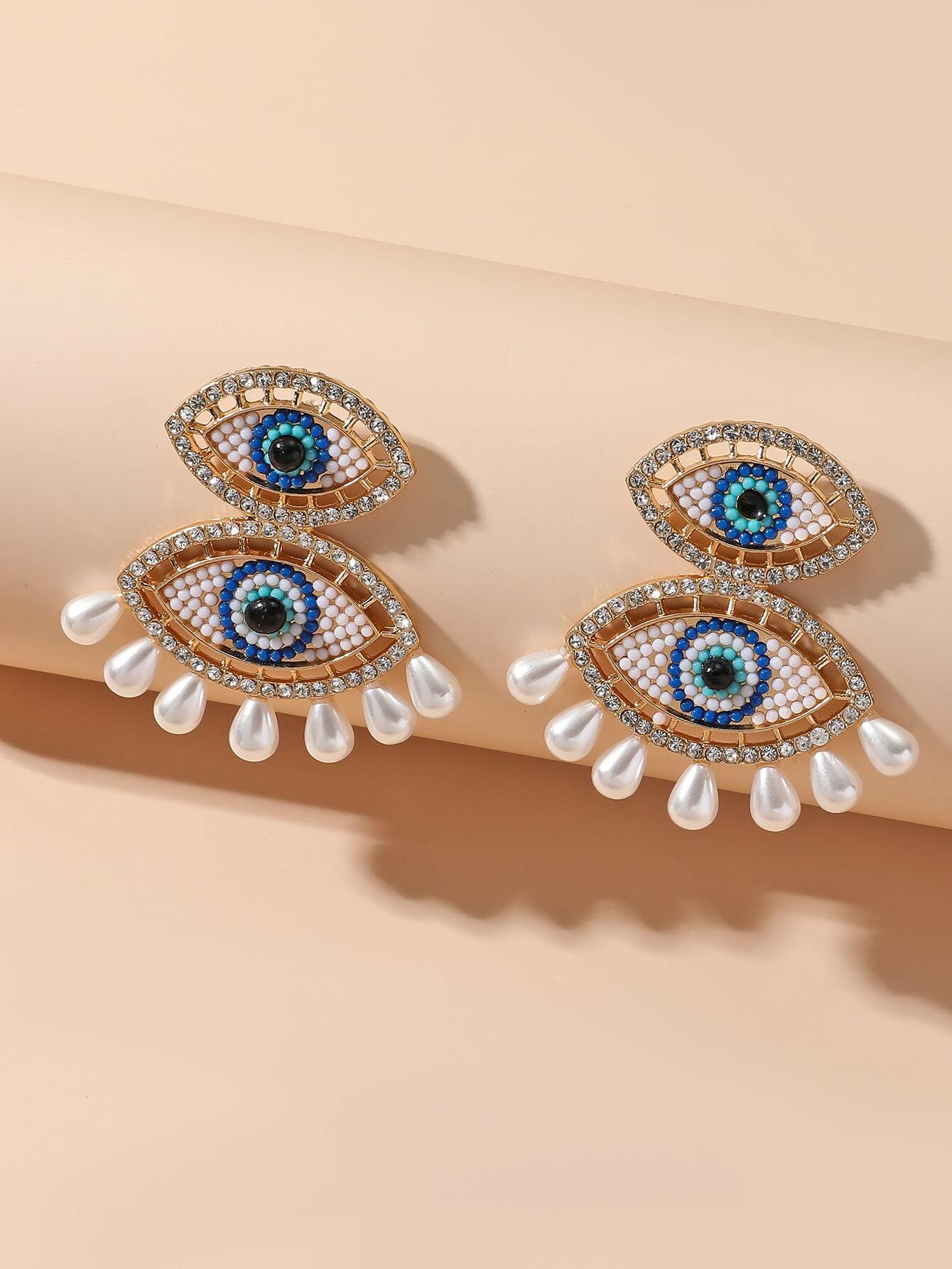 SHEIN 1pair Exaggerated Fashionable Eye-Shaped Imitation Faux Pearl Earrings - Image 4