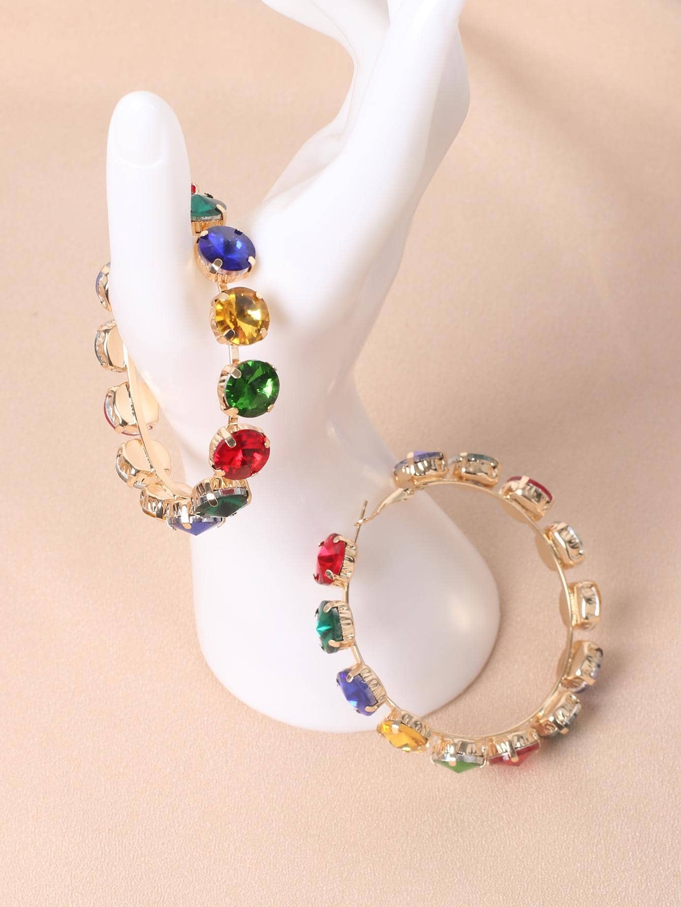 SHEIN 1pair Glamorous Zinc Alloy Random Color Rhinestone Decor Hoop Earrings For Women For Party - Image 3