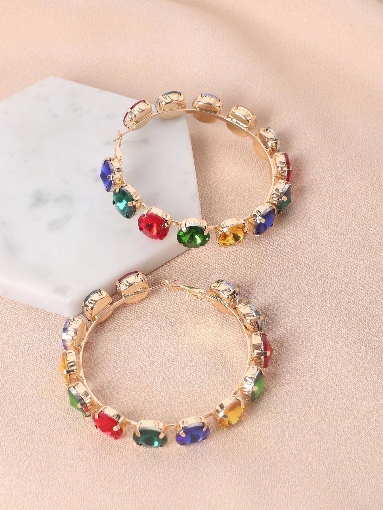 SHEIN 1pair Glamorous Zinc Alloy Random Color Rhinestone Decor Hoop Earrings For Women For Party - Image 4