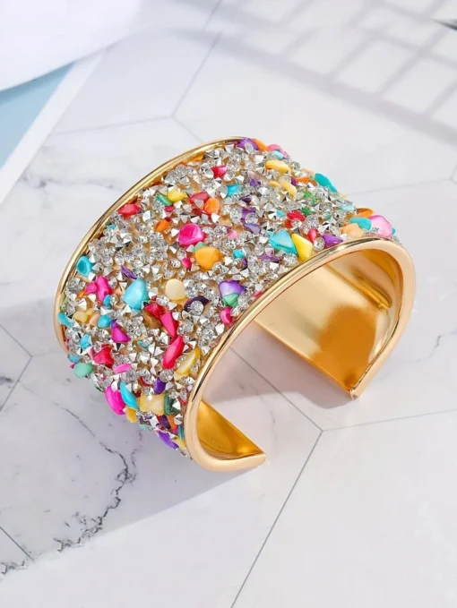 SHEIN 1pc Boho Colorful Stone Rhinestone Inlaid Cuff Bangle For Women For