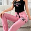 SHEIN Black Eyelash Lace Trimmed Tank Top And Pink Drawstring Waist Pants Pajama Set