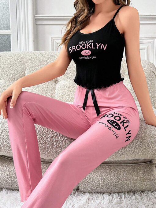 SHEIN Black Eyelash Lace Trimmed Tank Top And Pink Drawstring Waist Pants Pajama Set