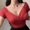 SHEIN DAZY Women's Summer Solid Color Overlapping V-Neck Short Sleeve Slim Fit T-Shirt With Pleats