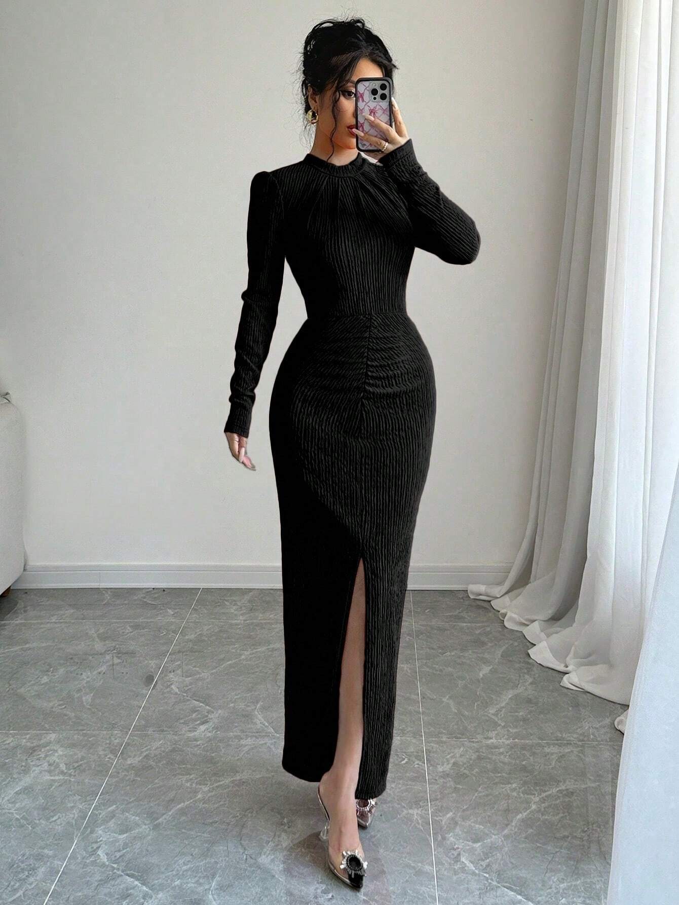 SHEIN Elenzga 1pc Men's Plain Round Neck Long Sleeve Split Hem Casual Long Tunic Dress Maxi Women Outfit