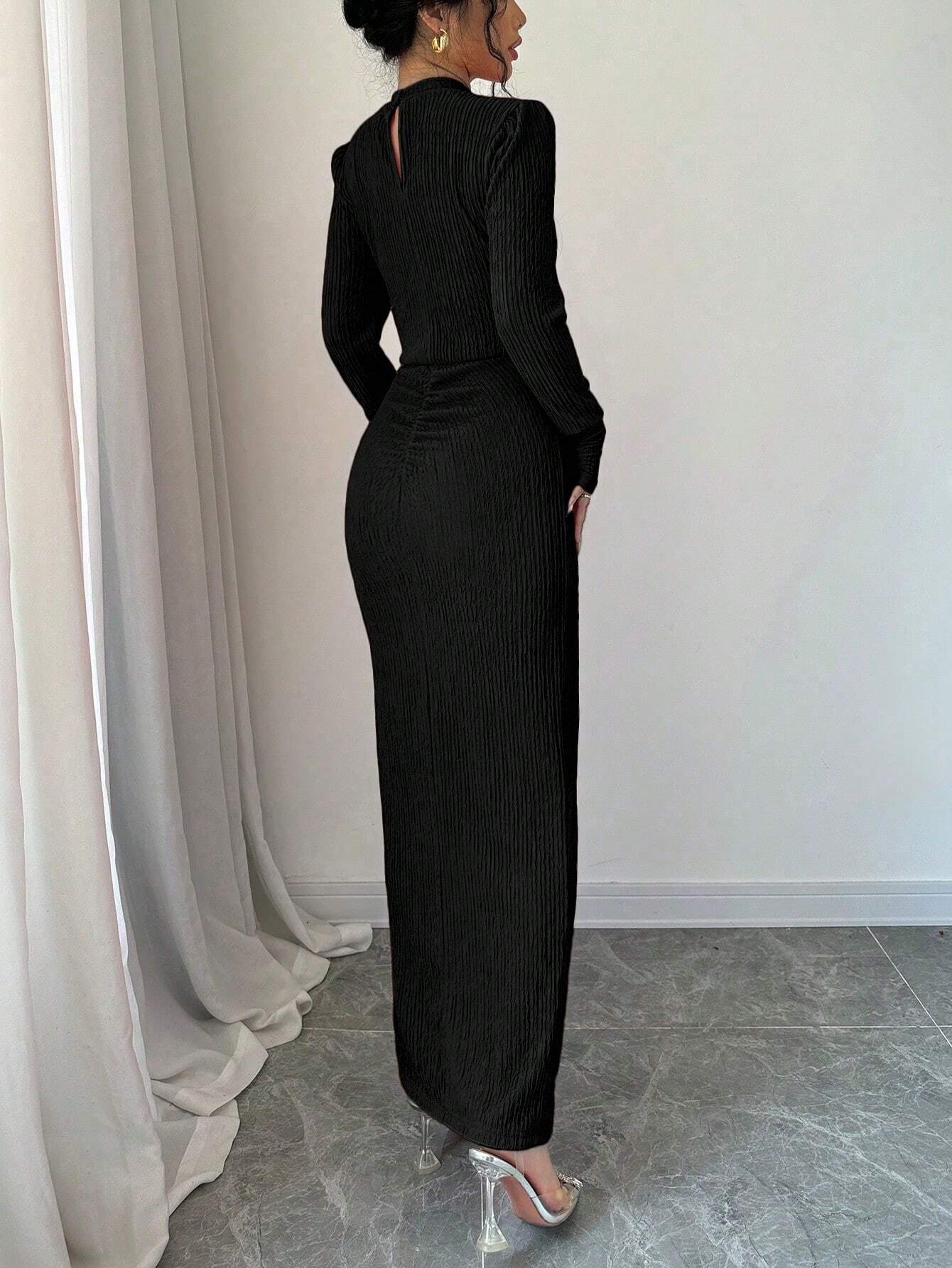 SHEIN Elenzga 1pc Men's Plain Round Neck Long Sleeve Split Hem Casual Long Tunic Dress Maxi Women Outfit - Image 2