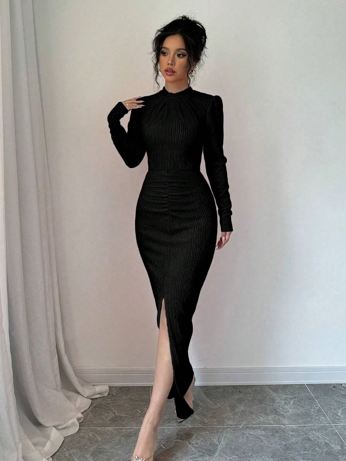 SHEIN Elenzga 1pc Men's Plain Round Neck Long Sleeve Split Hem Casual Long Tunic Dress Maxi Women Outfit - Image 4