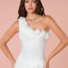 SHEIN Enchnt Ladies' Solid Color Simple One Shoulder Top With Lace Trim, Summer