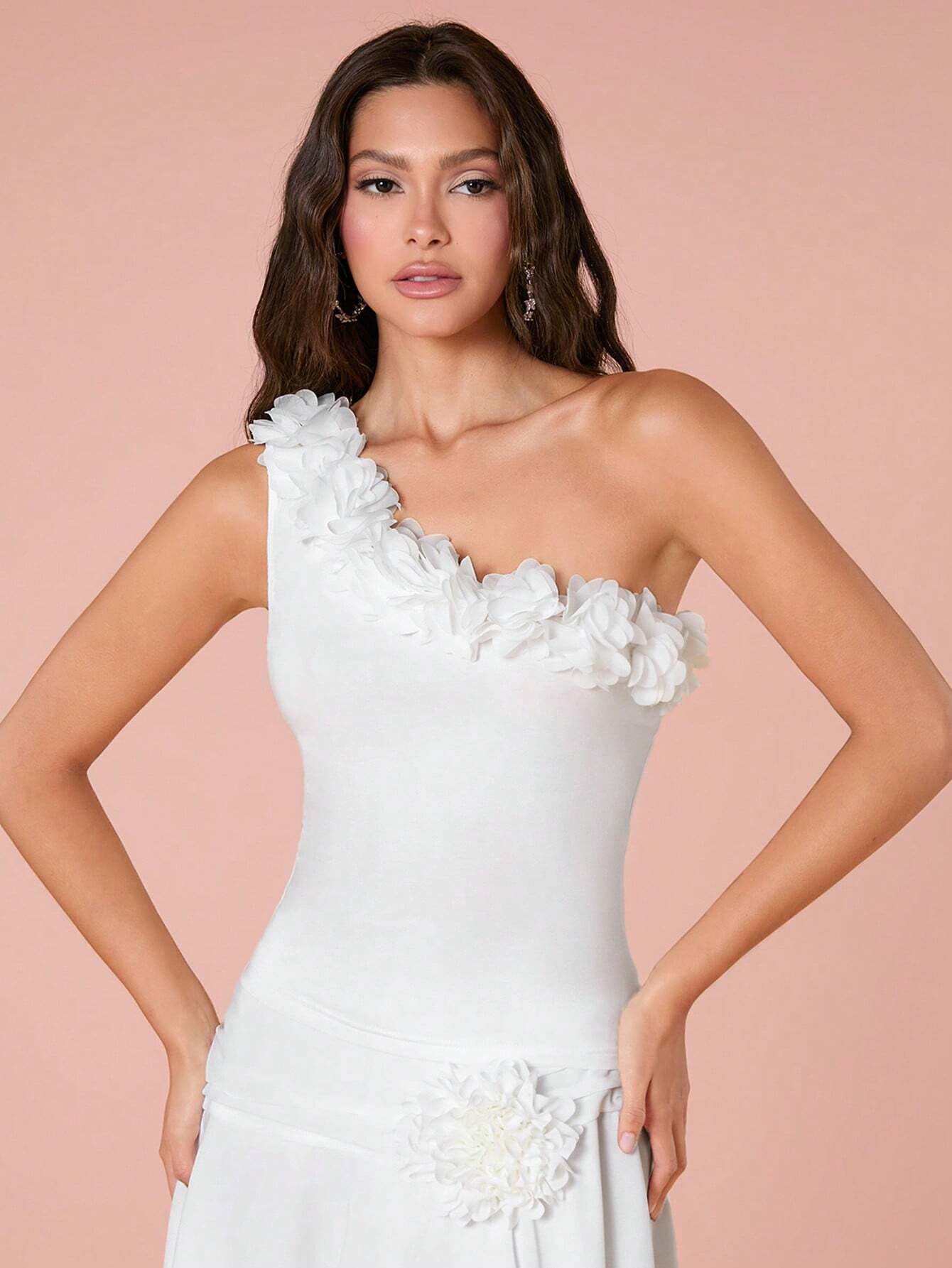 SHEIN Enchnt Ladies' Solid Color Simple One Shoulder Top With Lace Trim, Summer