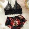 SHEIN Floral Lace Bra With Floral Print Shorts, Lingerie